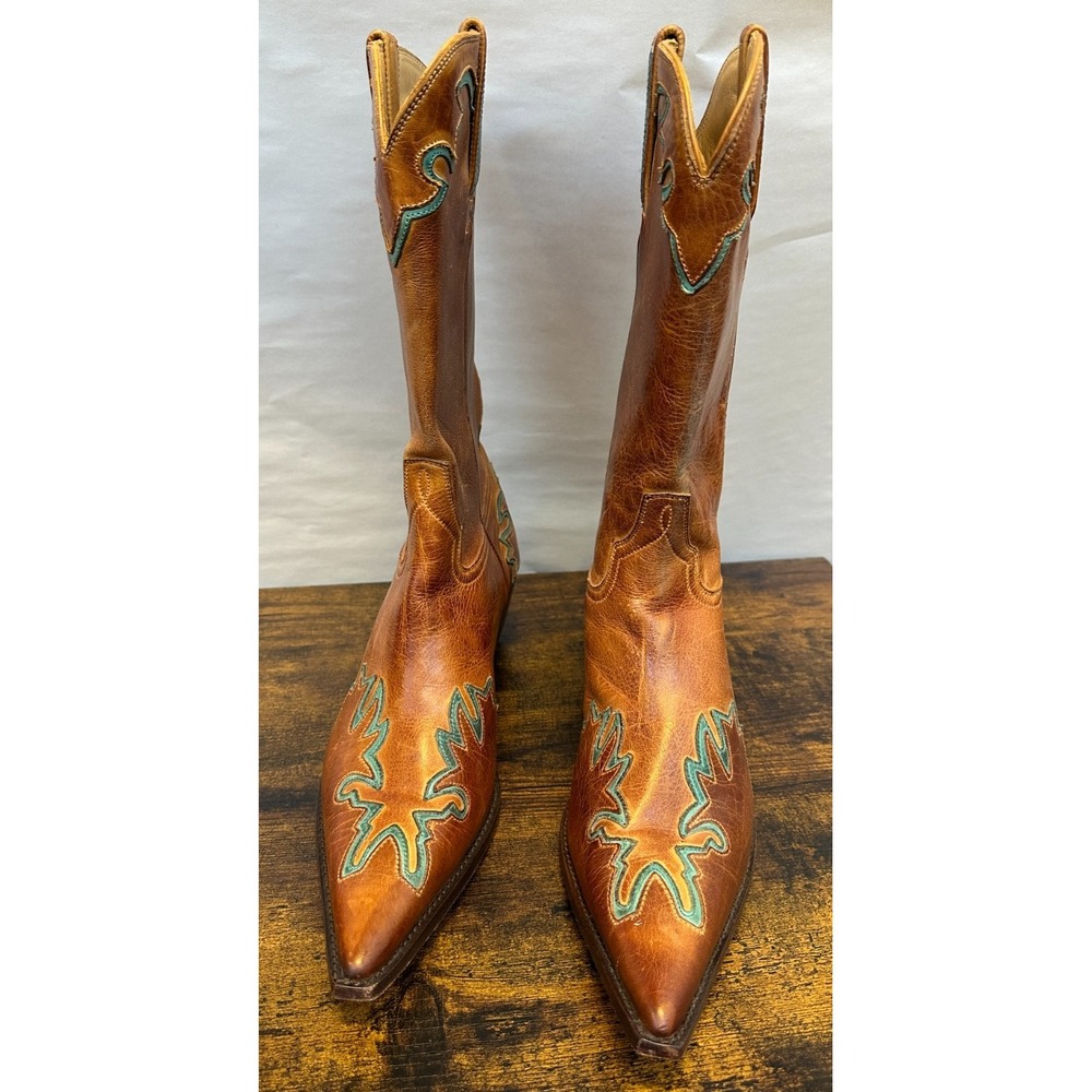 Charlie 1 Horse Tan Leather Turquoise Inlay Embroidered Western Boots Sz 9.5 B - Picture 8 of 16